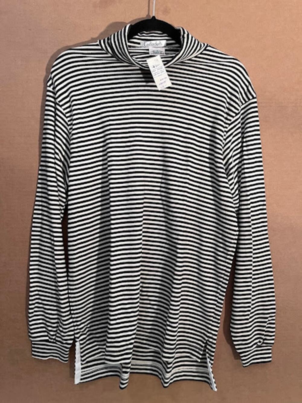 VTG 80s New Garfinckels Turtleneck Shirt Black Cream Stripe